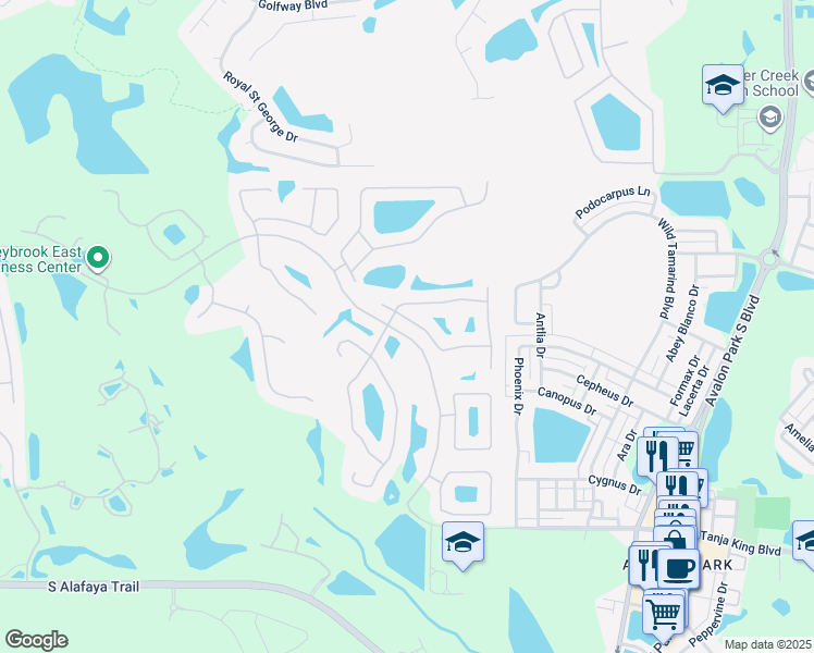 map of restaurants, bars, coffee shops, grocery stores, and more near 14736 Huntley Drive in Orlando