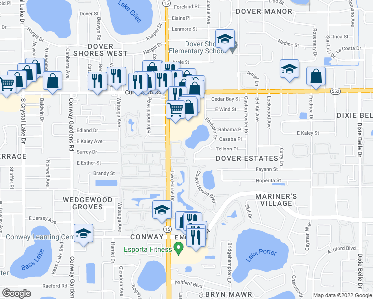 map of restaurants, bars, coffee shops, grocery stores, and more near 1935 South Conway Road in Orlando