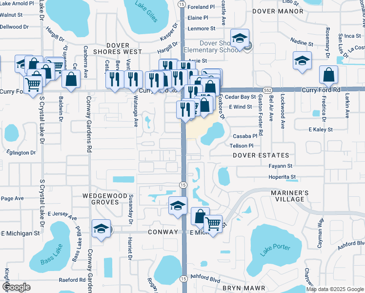 map of restaurants, bars, coffee shops, grocery stores, and more near 1916 South Conway Road in Orlando