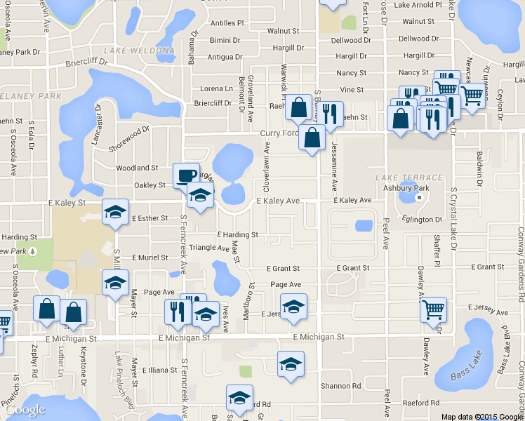 map of restaurants, bars, coffee shops, grocery stores, and more near 1901 Chamberlin Street in Orlando