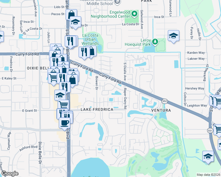 map of restaurants, bars, coffee shops, grocery stores, and more near 5916 Mausser Drive in Orlando
