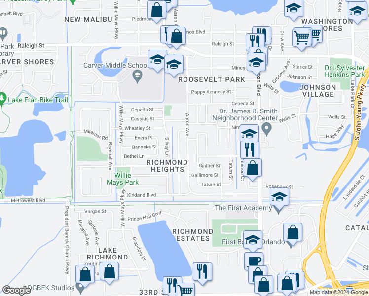 map of restaurants, bars, coffee shops, grocery stores, and more near 1882 Aaron Avenue in Orlando