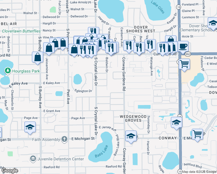 map of restaurants, bars, coffee shops, grocery stores, and more near 1925 Baldwin Drive in Orlando
