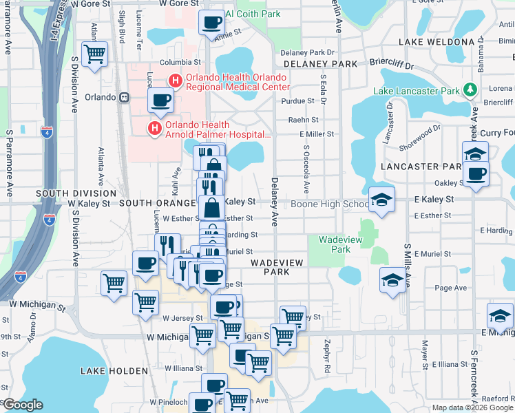 map of restaurants, bars, coffee shops, grocery stores, and more near 217 East Esther Street in Orlando