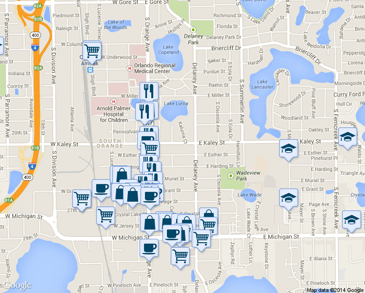 map of restaurants, bars, coffee shops, grocery stores, and more near 217 East Esther Street in Orlando