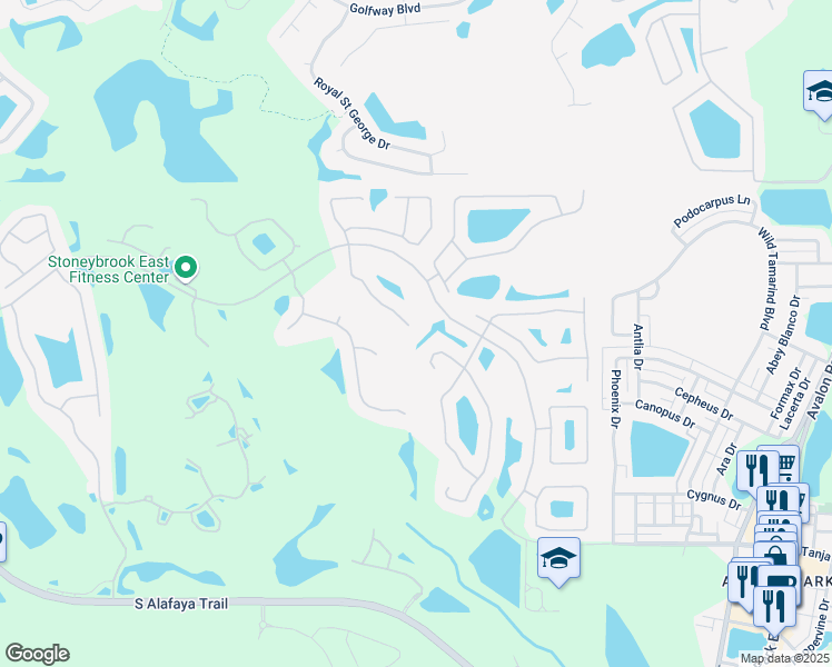 map of restaurants, bars, coffee shops, grocery stores, and more near 2343 Hedgegate Court in Orlando