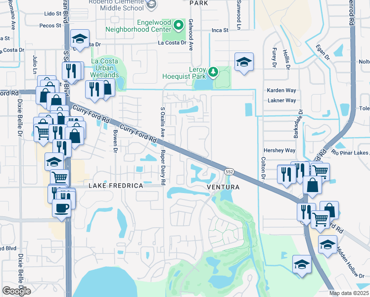 map of restaurants, bars, coffee shops, grocery stores, and more near 6128 Curry Ford Road in Orlando