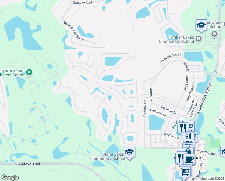 map of restaurants, bars, coffee shops, grocery stores, and more near 14728 Huntley Drive in Orlando