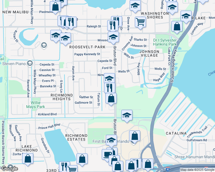 map of restaurants, bars, coffee shops, grocery stores, and more near 1968 Bruton Boulevard in Orlando