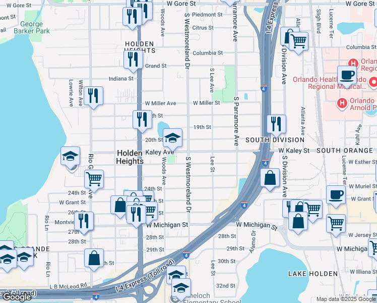 map of restaurants, bars, coffee shops, grocery stores, and more near S Westmoreland Dr & W Kaley St in Orlando