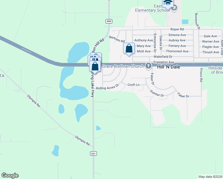 map of restaurants, bars, coffee shops, grocery stores, and more near 26356 Rolling Acres Drive in Brooksville