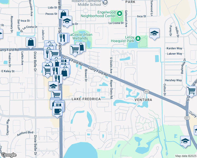 map of restaurants, bars, coffee shops, grocery stores, and more near 5916 Mausser Drive in Orlando