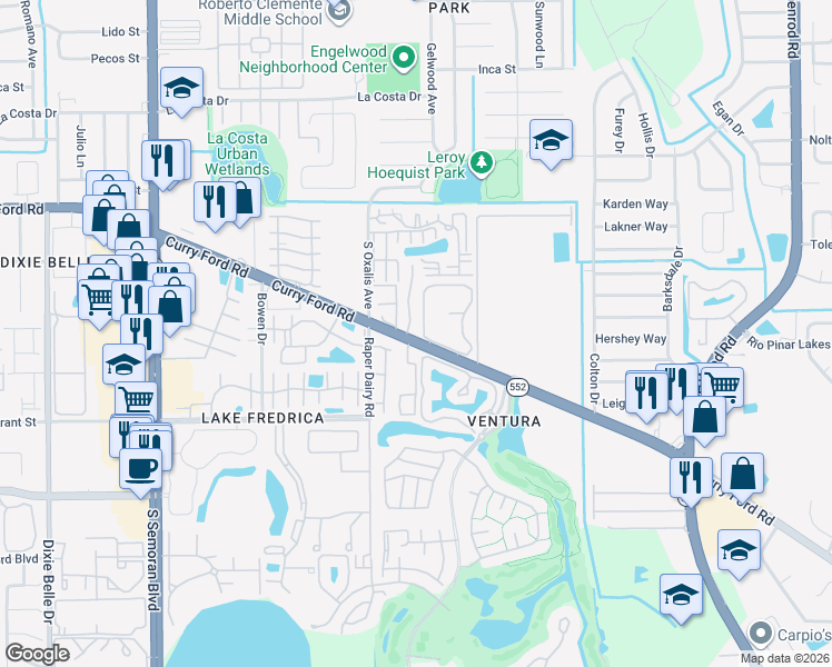 map of restaurants, bars, coffee shops, grocery stores, and more near 6128 Curry Ford Road in Orlando