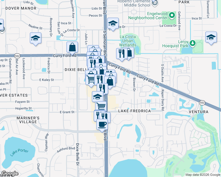 map of restaurants, bars, coffee shops, grocery stores, and more near 2031 South Semoran Boulevard in Orlando