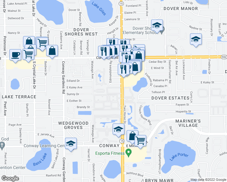 map of restaurants, bars, coffee shops, grocery stores, and more near 1916 South Conway Road in Orlando
