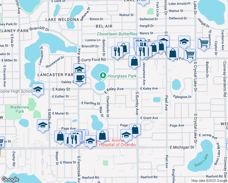 map of restaurants, bars, coffee shops, grocery stores, and more near 1901 Chamberlin Street in Orlando