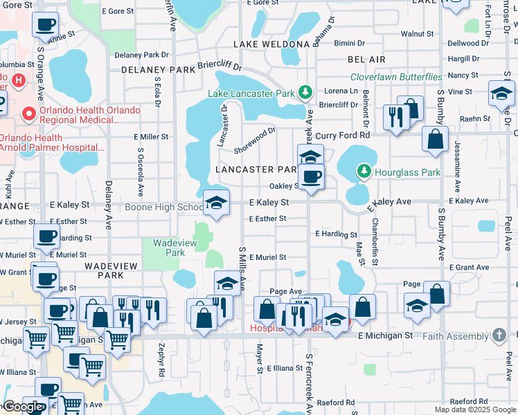 map of restaurants, bars, coffee shops, grocery stores, and more near 1307 East Esther Street in Orlando