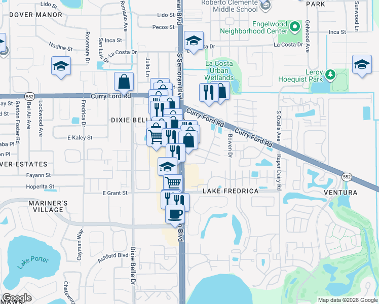 map of restaurants, bars, coffee shops, grocery stores, and more near 2031 South Semoran Boulevard in Orlando