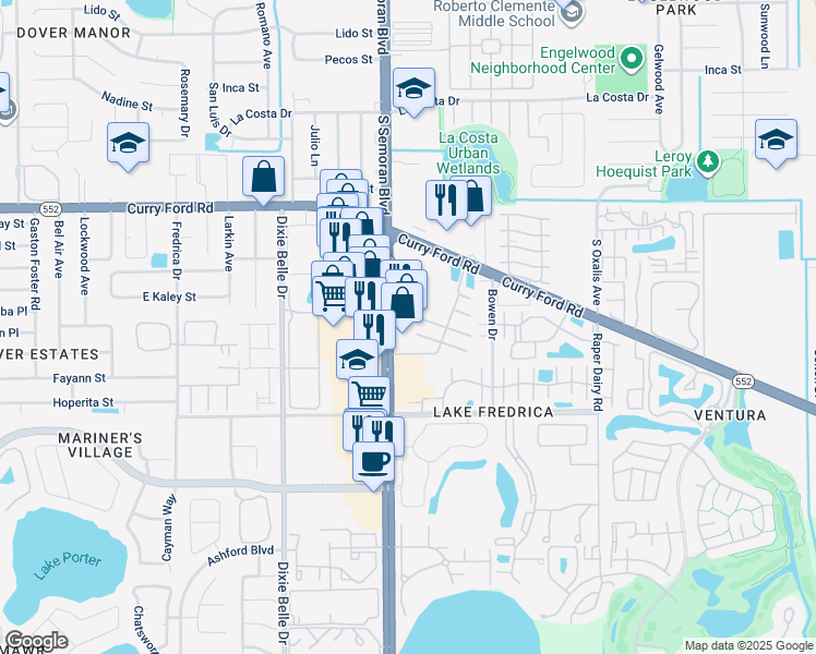 map of restaurants, bars, coffee shops, grocery stores, and more near 2031 South Semoran Boulevard in Orlando