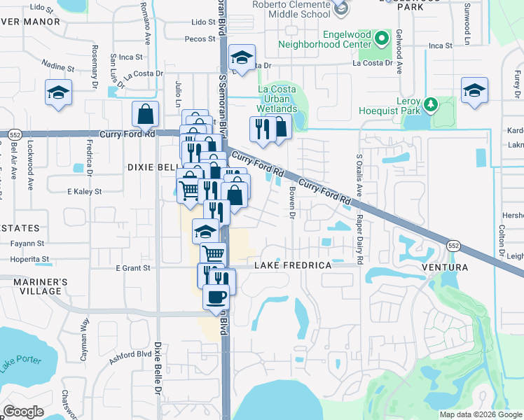 map of restaurants, bars, coffee shops, grocery stores, and more near 2000 Bowen Dr in Orlando