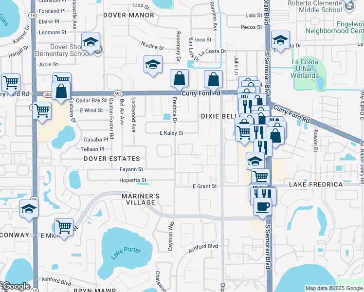map of restaurants, bars, coffee shops, grocery stores, and more near 5300 Dover Village Lane in Orlando