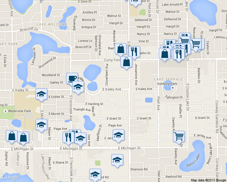 map of restaurants, bars, coffee shops, grocery stores, and more near 2020 East Esther Street in Orlando