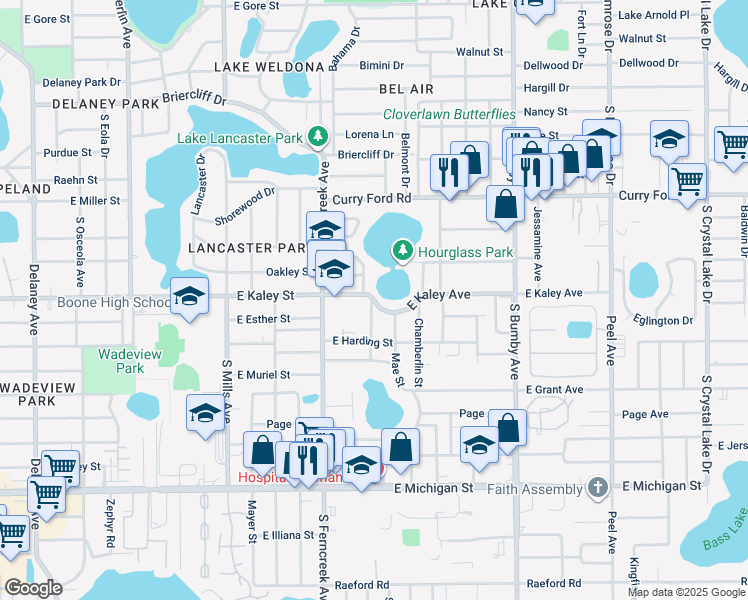 map of restaurants, bars, coffee shops, grocery stores, and more near 1720 East Kaley Avenue in Orlando