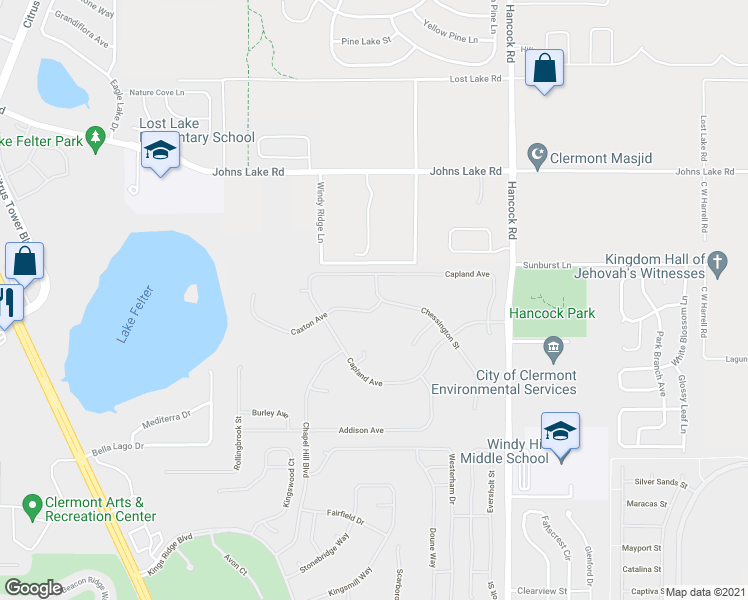 map of restaurants, bars, coffee shops, grocery stores, and more near 3422 Chessington Street in Clermont