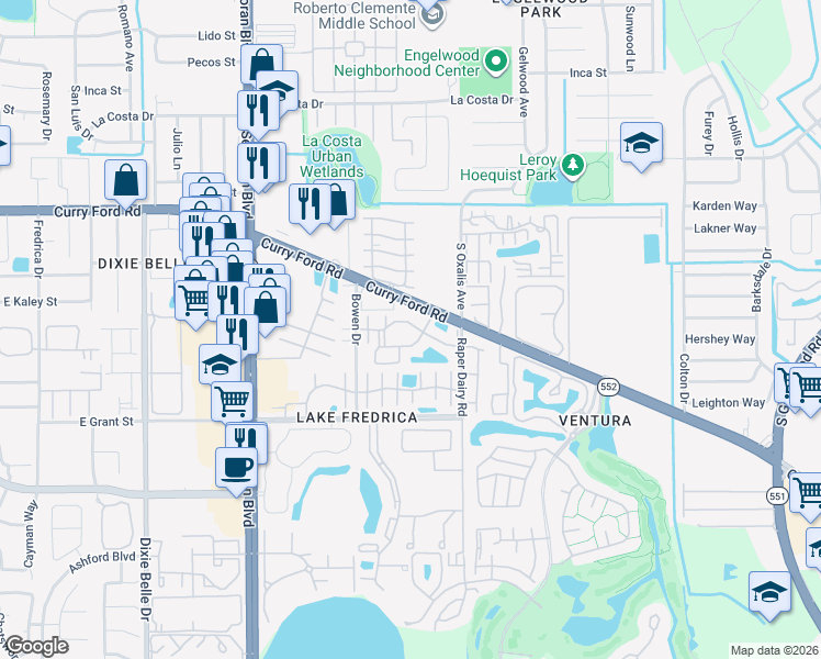 map of restaurants, bars, coffee shops, grocery stores, and more near 5914 Mausser Drive in Orlando