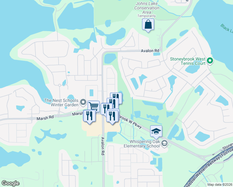 map of restaurants, bars, coffee shops, grocery stores, and more near 1213 Priory Circle in Winter Garden