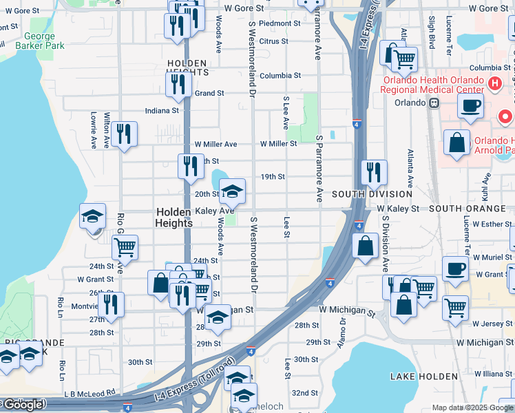 map of restaurants, bars, coffee shops, grocery stores, and more near 1004 20th Street in Orlando