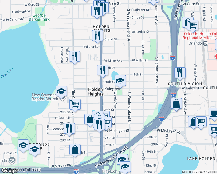 map of restaurants, bars, coffee shops, grocery stores, and more near 1222 20th Street in Orlando