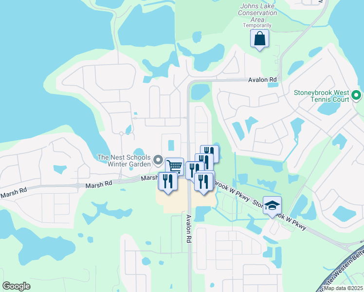 map of restaurants, bars, coffee shops, grocery stores, and more near 1153 Vinsetta Circle in Winter Garden