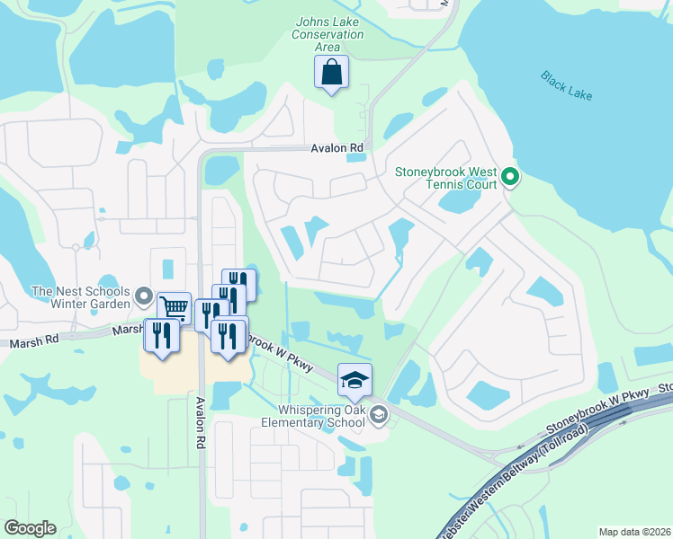 map of restaurants, bars, coffee shops, grocery stores, and more near 1206 Lakebay Court in Winter Garden