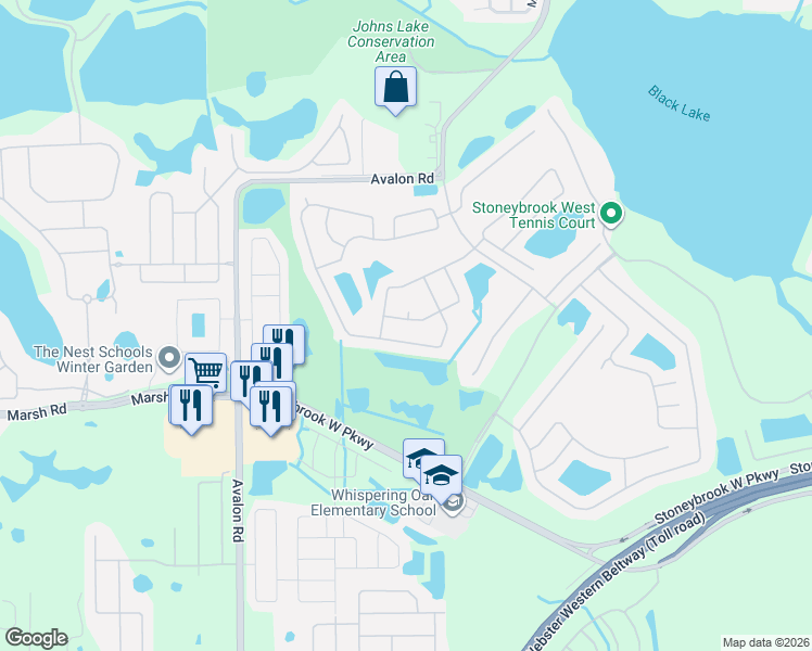 map of restaurants, bars, coffee shops, grocery stores, and more near 1343 Castleport Road in Winter Garden