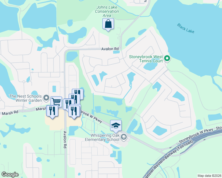 map of restaurants, bars, coffee shops, grocery stores, and more near 1343 Castleport Road in Winter Garden