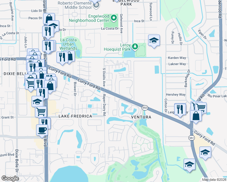 map of restaurants, bars, coffee shops, grocery stores, and more near 6032 Amberly Court in Orlando