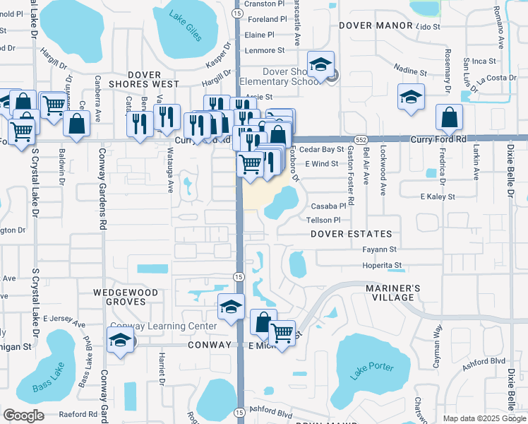 map of restaurants, bars, coffee shops, grocery stores, and more near 4402 Curry Ford Road in Orlando