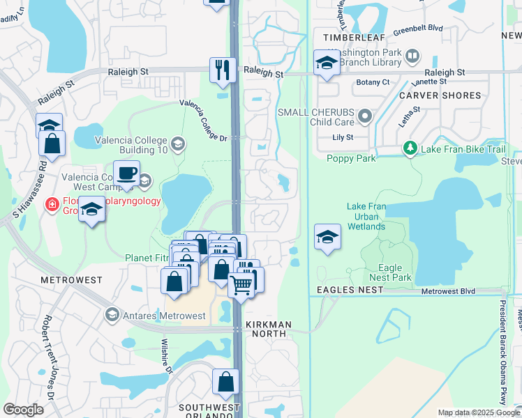 map of restaurants, bars, coffee shops, grocery stores, and more near 1673 South Kirkman Road in Orlando