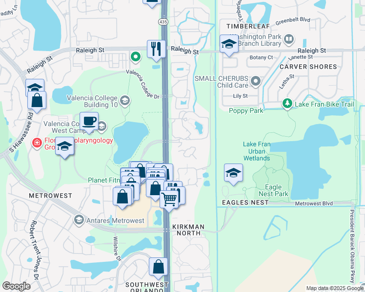 map of restaurants, bars, coffee shops, grocery stores, and more near 1673 South Kirkman Road in Orlando
