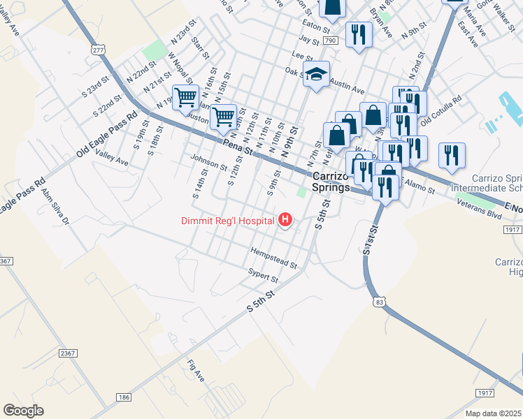 map of restaurants, bars, coffee shops, grocery stores, and more near 307 South 11th Street in Carrizo Springs