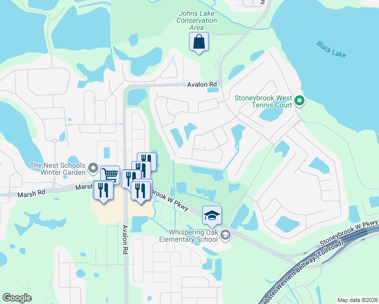 map of restaurants, bars, coffee shops, grocery stores, and more near 15525 Pebble Ridge Street in Winter Garden