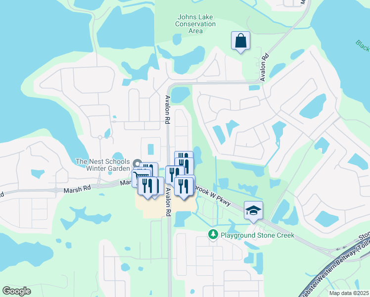 map of restaurants, bars, coffee shops, grocery stores, and more near 15522 Campden Street in Winter Garden
