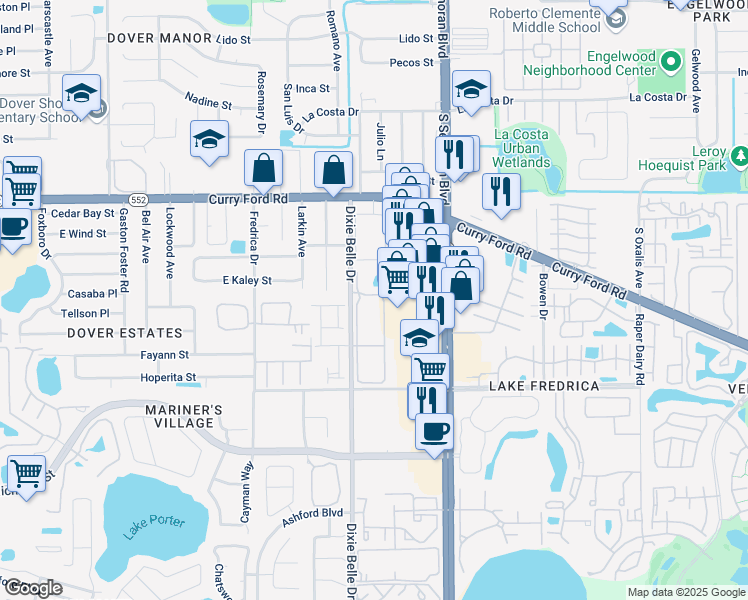 map of restaurants, bars, coffee shops, grocery stores, and more near 1997 Dixie Belle Drive in Orlando