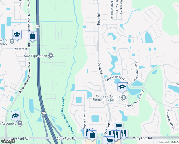 map of restaurants, bars, coffee shops, grocery stores, and more near 10000 Cypress Meadows Lane in Orlando
