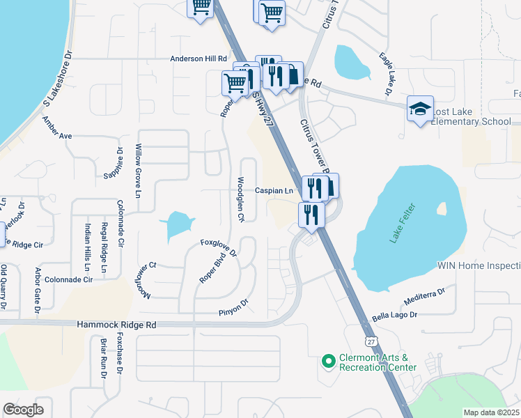 map of restaurants, bars, coffee shops, grocery stores, and more near 12017 Woodglen Circle in Clermont