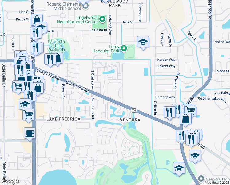 map of restaurants, bars, coffee shops, grocery stores, and more near 6203 Curry Ford Road in Orlando