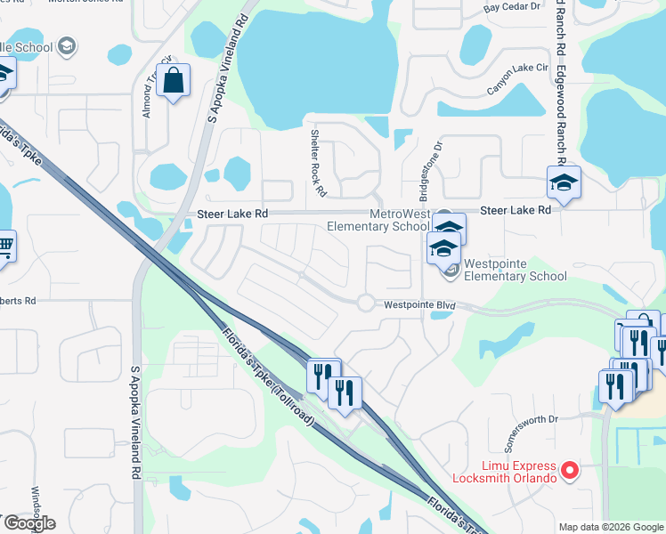 map of restaurants, bars, coffee shops, grocery stores, and more near 7770 Glynde Hill Drive in Orlando