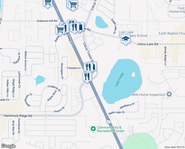 map of restaurants, bars, coffee shops, grocery stores, and more near 3201 South Highway 27 in Clermont