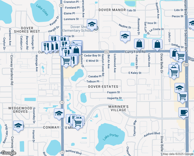 map of restaurants, bars, coffee shops, grocery stores, and more near 4911 Casaba Place in Orlando